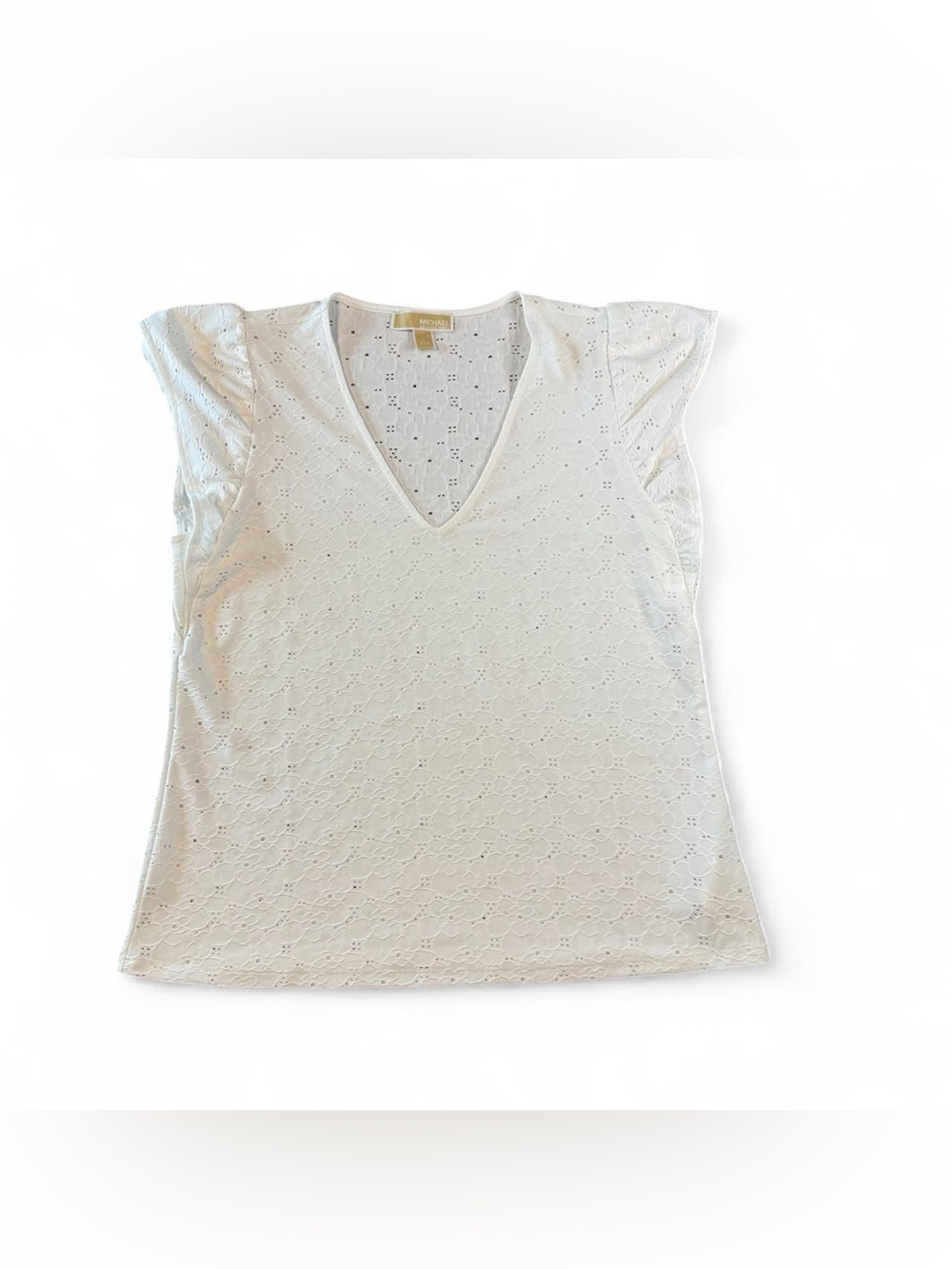 Michael Kors White Eyelet V-Neck Flutter Sleeve Blouse L
